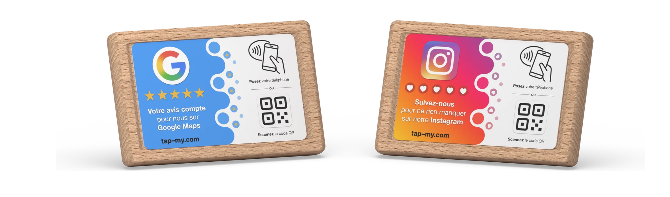 Booster Google Pro et Booster Instagram Pro dans leur présentoir en bois