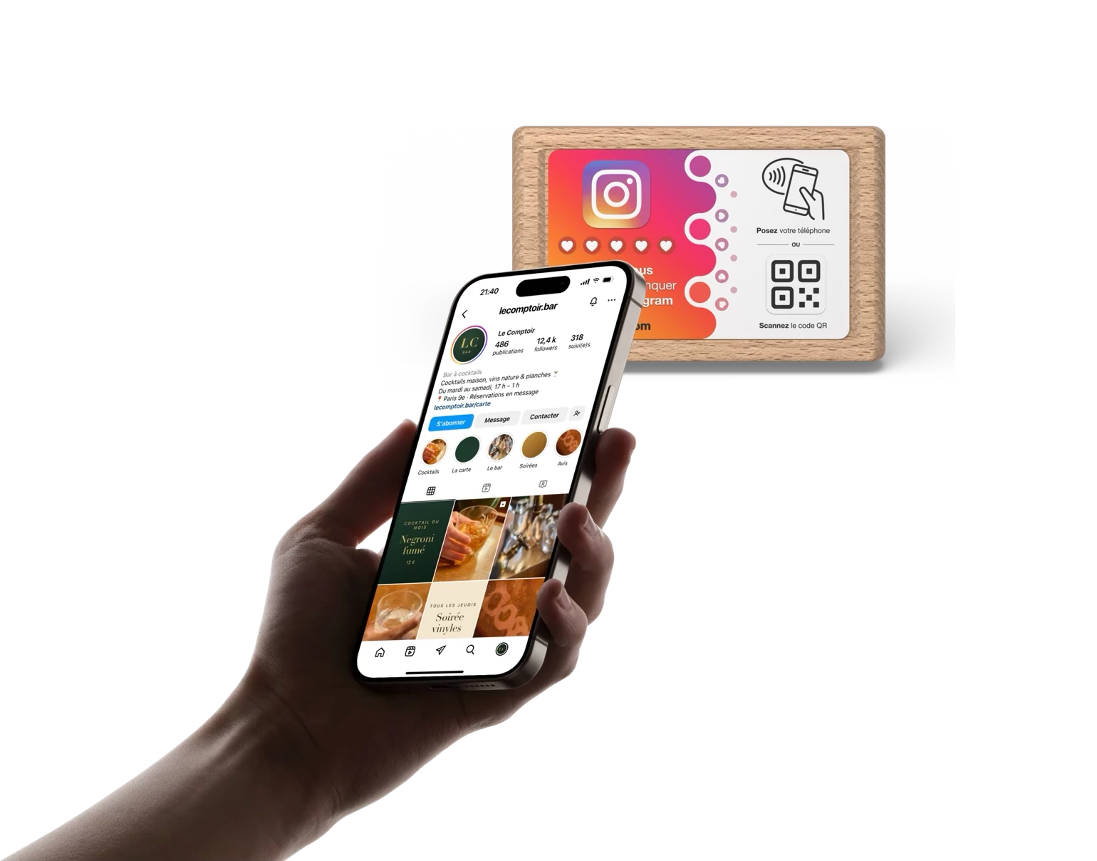 Un client ouvre le profil Instagram d'un bar depuis le Booster Instagram Pro
