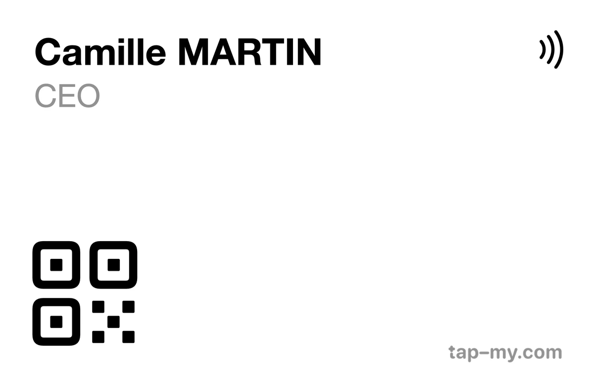 Carte Business Pro imprimée au nom de Camille Martin, CEO, avec QR code et logo NFC