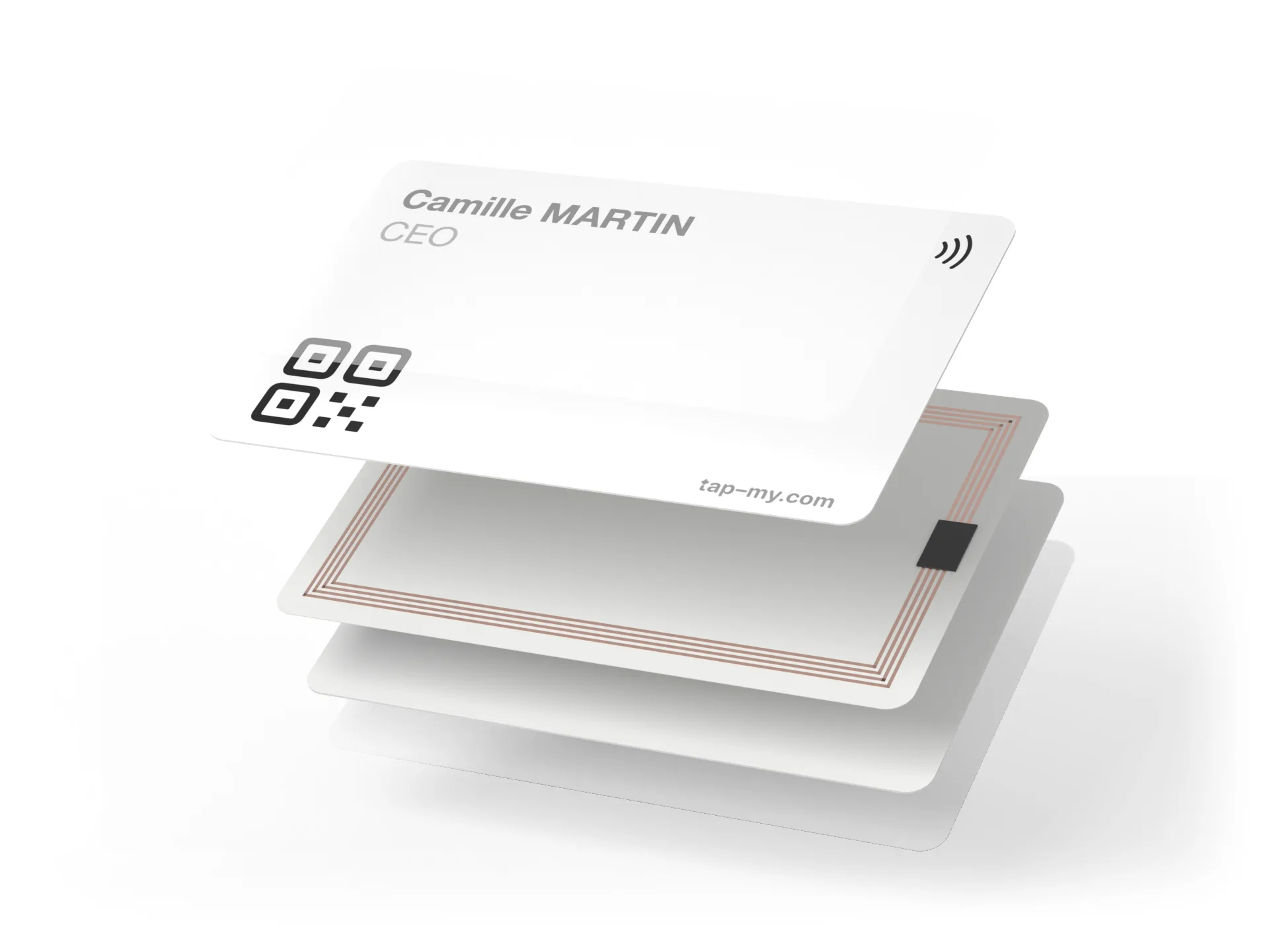 Carte Business en PVC, vue éclatée : films de protection, PVC imprimés, antenne et puce NFC NTAG213