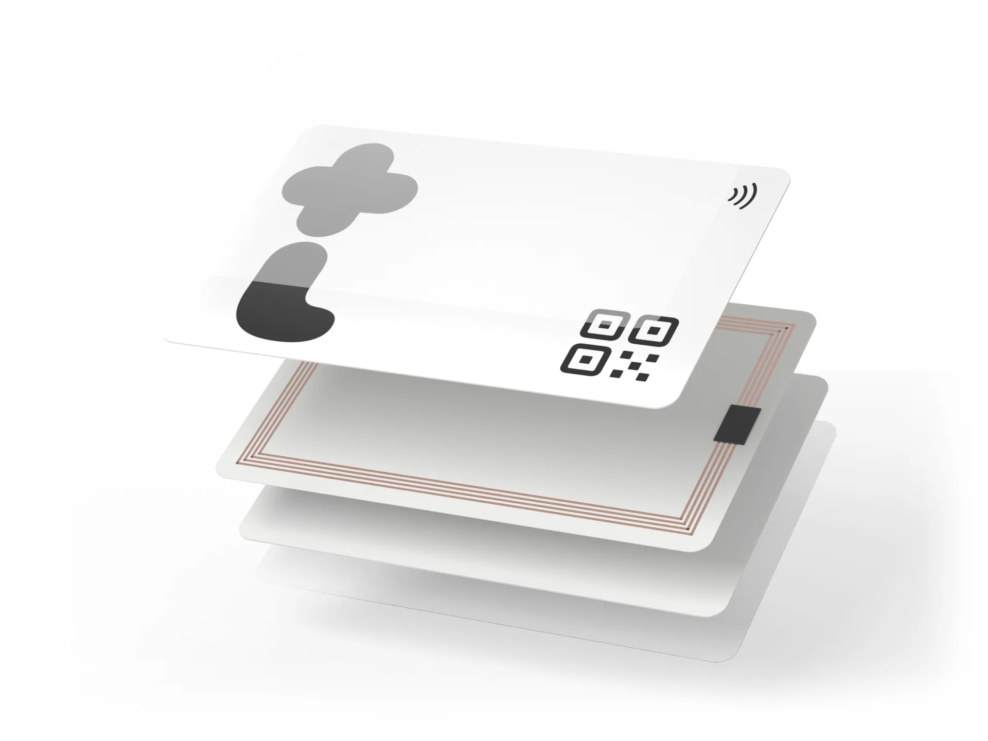 Carte Business en PVC, vue éclatée : films de protection, PVC imprimés, antenne et puce NFC NTAG213
