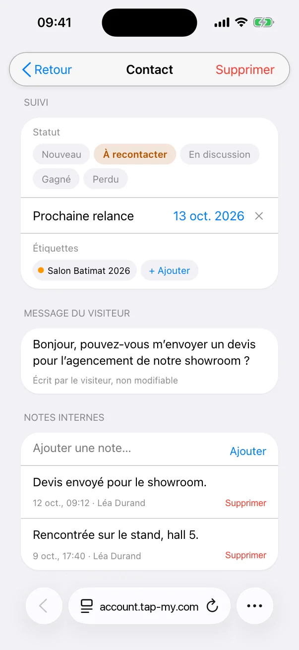 Fiche d’un contact dans Tap–My : statut À recontacter, date de relance, notes de l’équipe et message laissé au scan