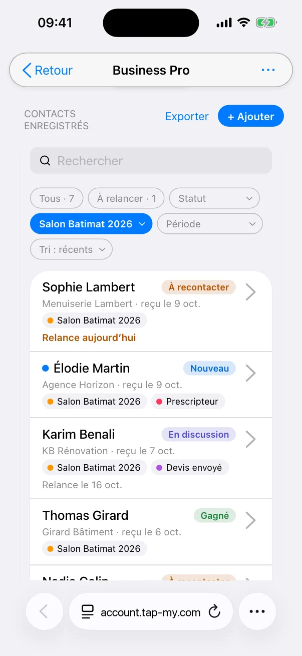 Outil Contacts de Tap–My : les contacts du salon Batimat 2026 de Maison Lune, avec leur étiquette, leur statut et leur relance