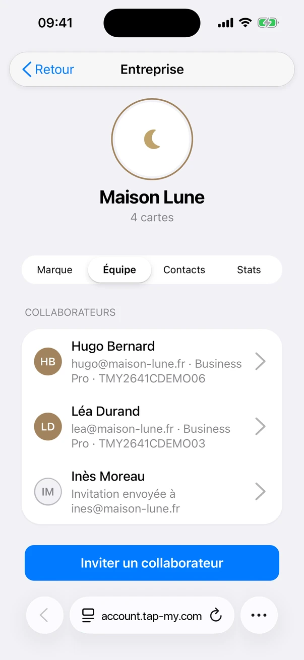 Écran Équipe de l’app Tap–My : les collaborateurs de Maison Lune et une invitation en attente
