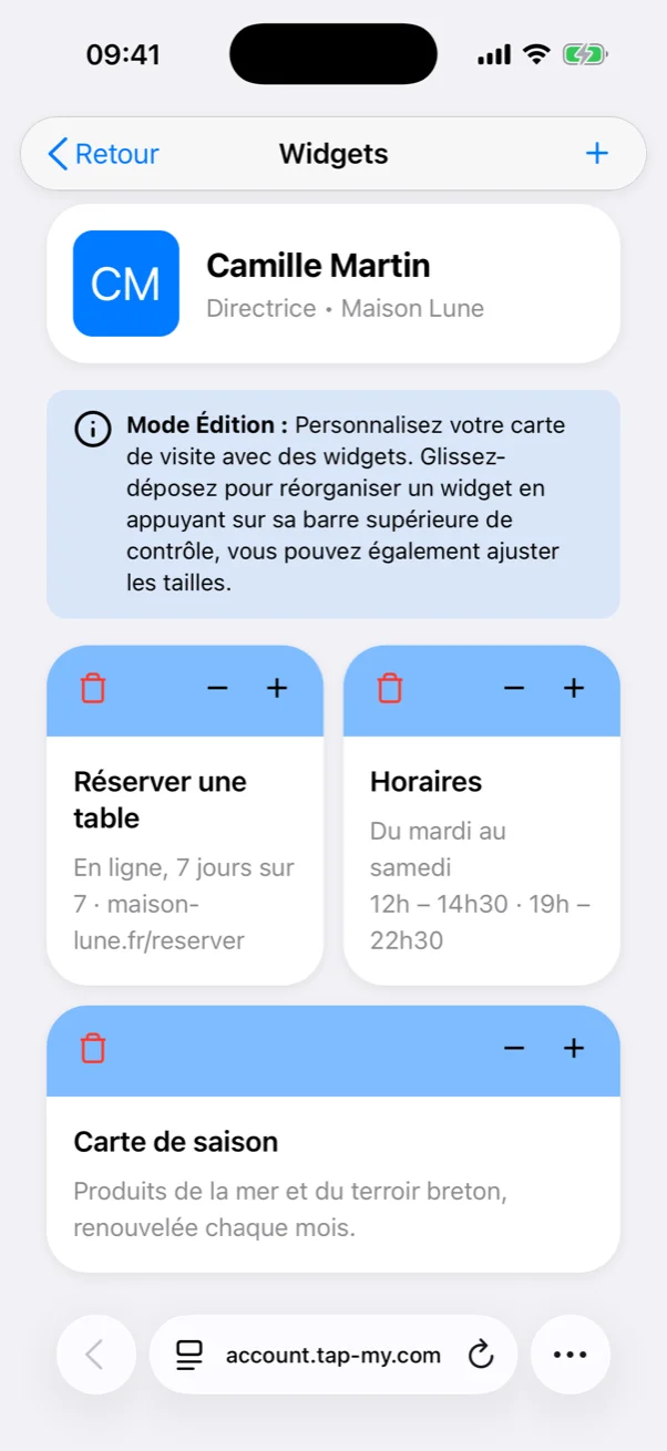 Édition des widgets du profil Pro