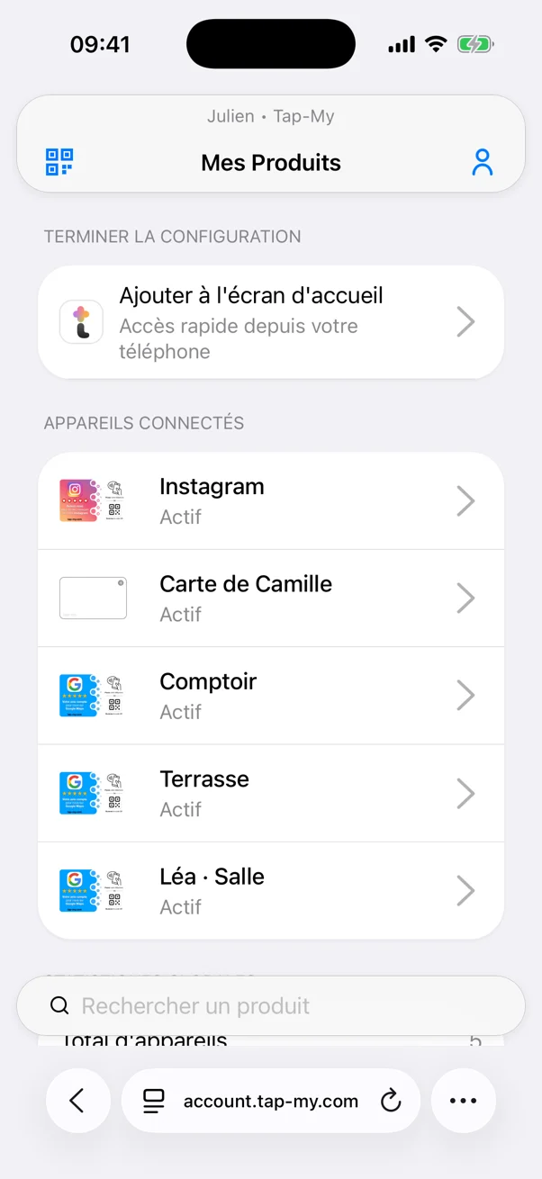 Liste des cartes dans la webapp T+