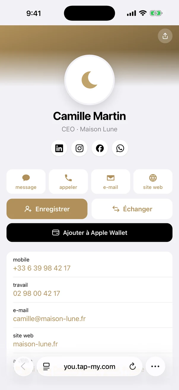 Profil public affiché lors du scan d'une carte Business